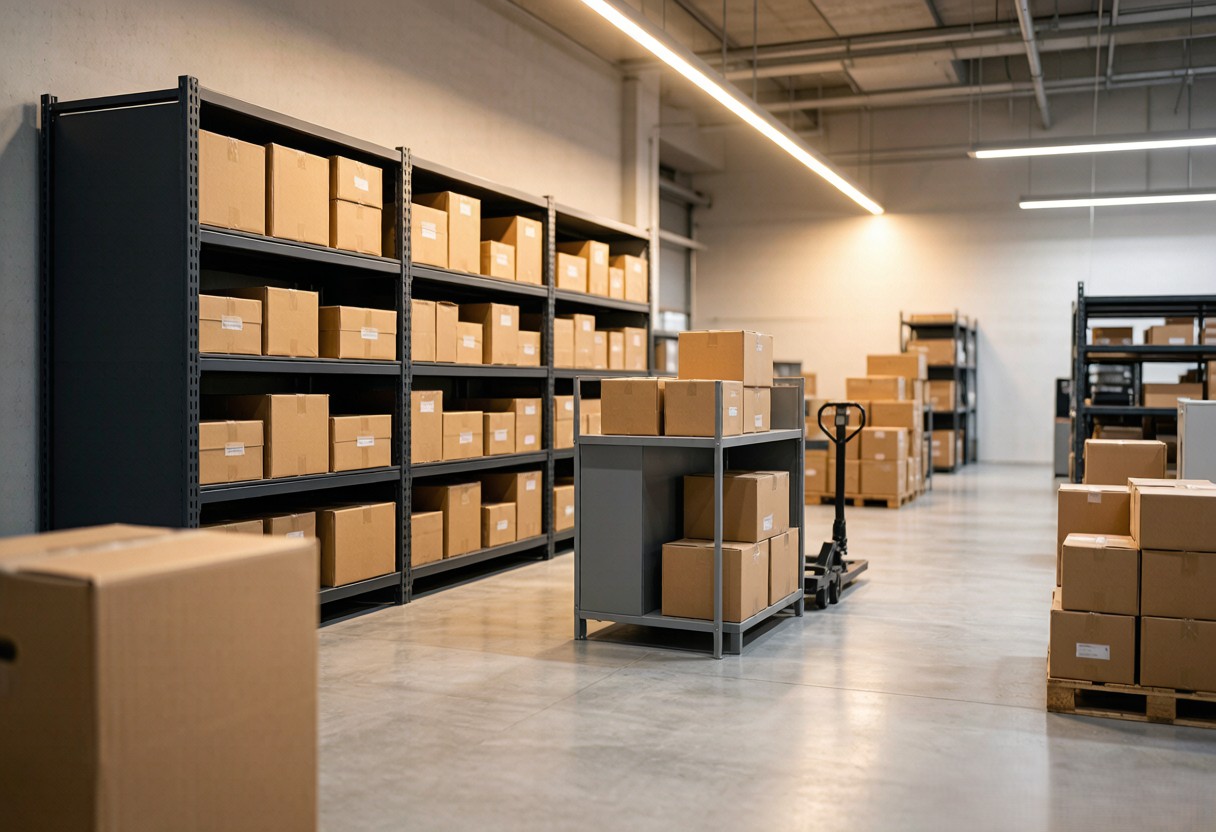 Warehouse and online retail coordination minimal scene